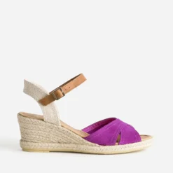 Sandale compensée fuchsia cuir velours éco-conçu