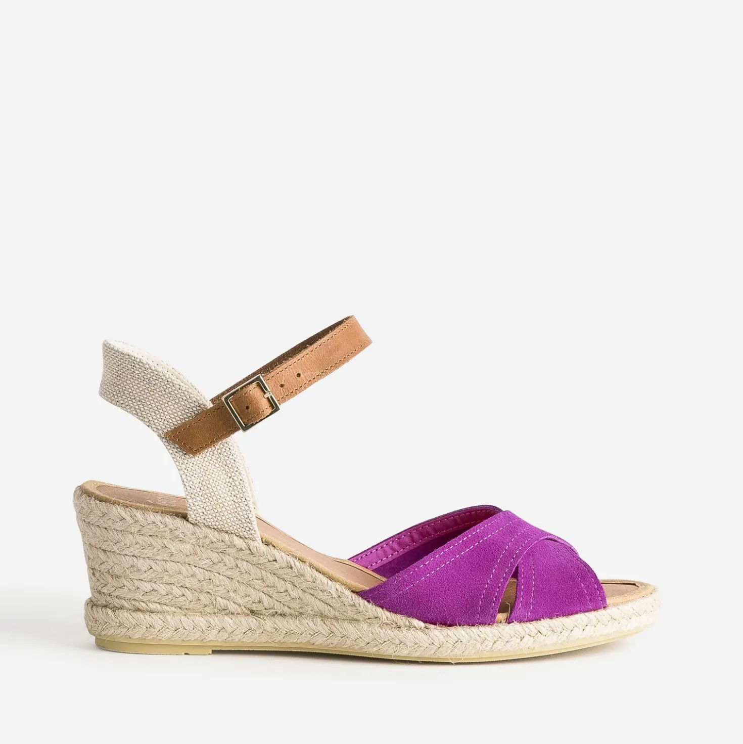 Sandale compensée fuchsia cuir velours éco-conçu