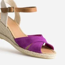 Sandale compensée fuchsia cuir velours éco-conçu