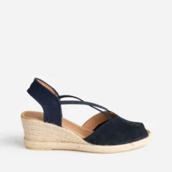 Sandale compensée marine cuir velours éco-conçu