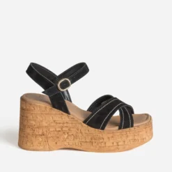 Sandale compensée noire cuir velours