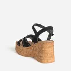 Sandale compensée noire cuir velours