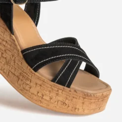 Sandale compensée noire cuir velours