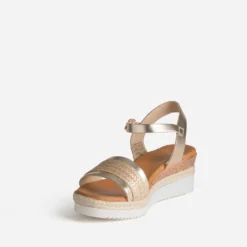 Sandale compensée orange cuir et tressage