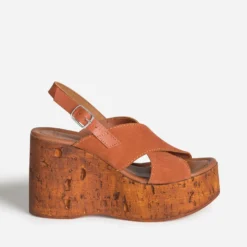 Sandale compensée orange cuir velours