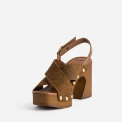 Sandale marron cuir velours motif léopard