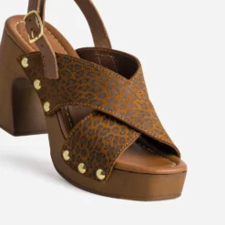 Sandale marron cuir velours motif léopard