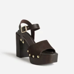 Sandale marron cuir velours talon effet bois