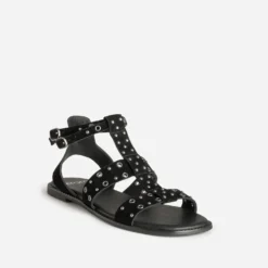 Sandale noire cuir velours œillets et clous