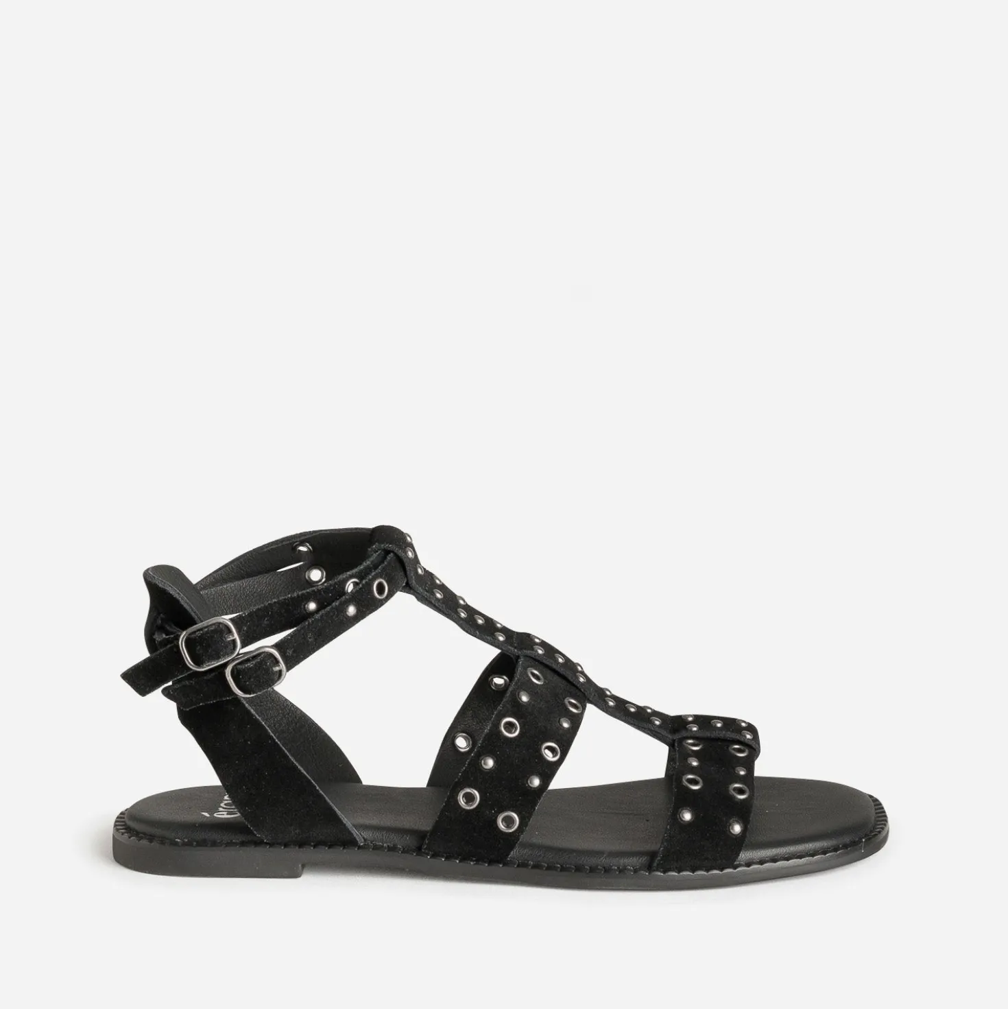 Sandale noire cuir velours œillets et clous