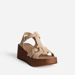 Sandale plateforme beige cuir velours