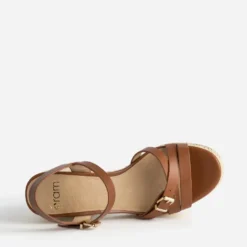 Sandales cognac cuir plateforme tressée