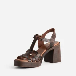 Sandale à talon marron cuir effet python