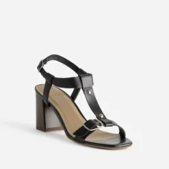 Sandale à talon noir cuir bride en T