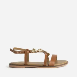Sandale TEXTO camel cuir décor feuilles