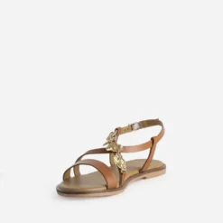 Sandale TEXTO camel cuir décor feuilles