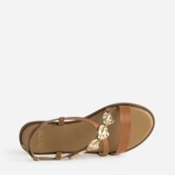 Sandale TEXTO camel cuir décor feuilles