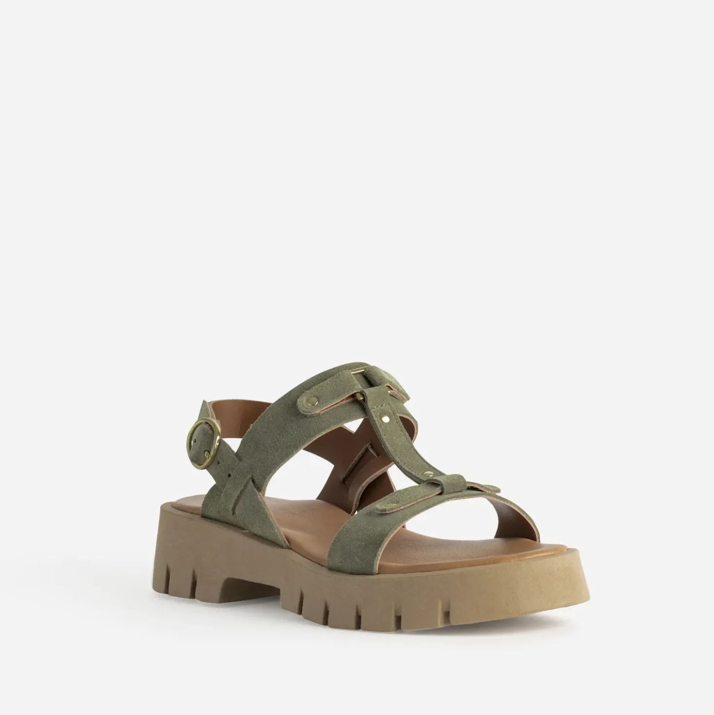 Sandale TEXTO kaki cuir velours semelle crantée