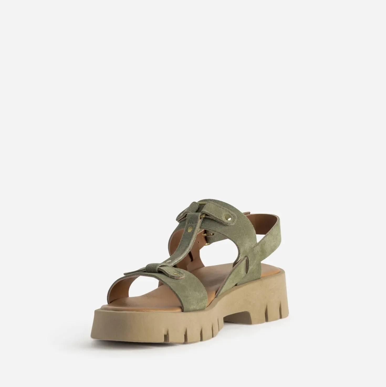 Sandale TEXTO kaki cuir velours semelle crantée