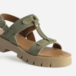 Sandale TEXTO kaki cuir velours semelle crantée