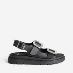 Sandale TEXTO noire cuir boucles strass