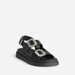 Sandale TEXTO noire cuir boucles strass