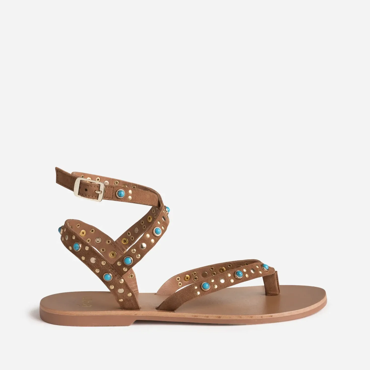 Sandale-tong camel cuir velours décor clous et perles