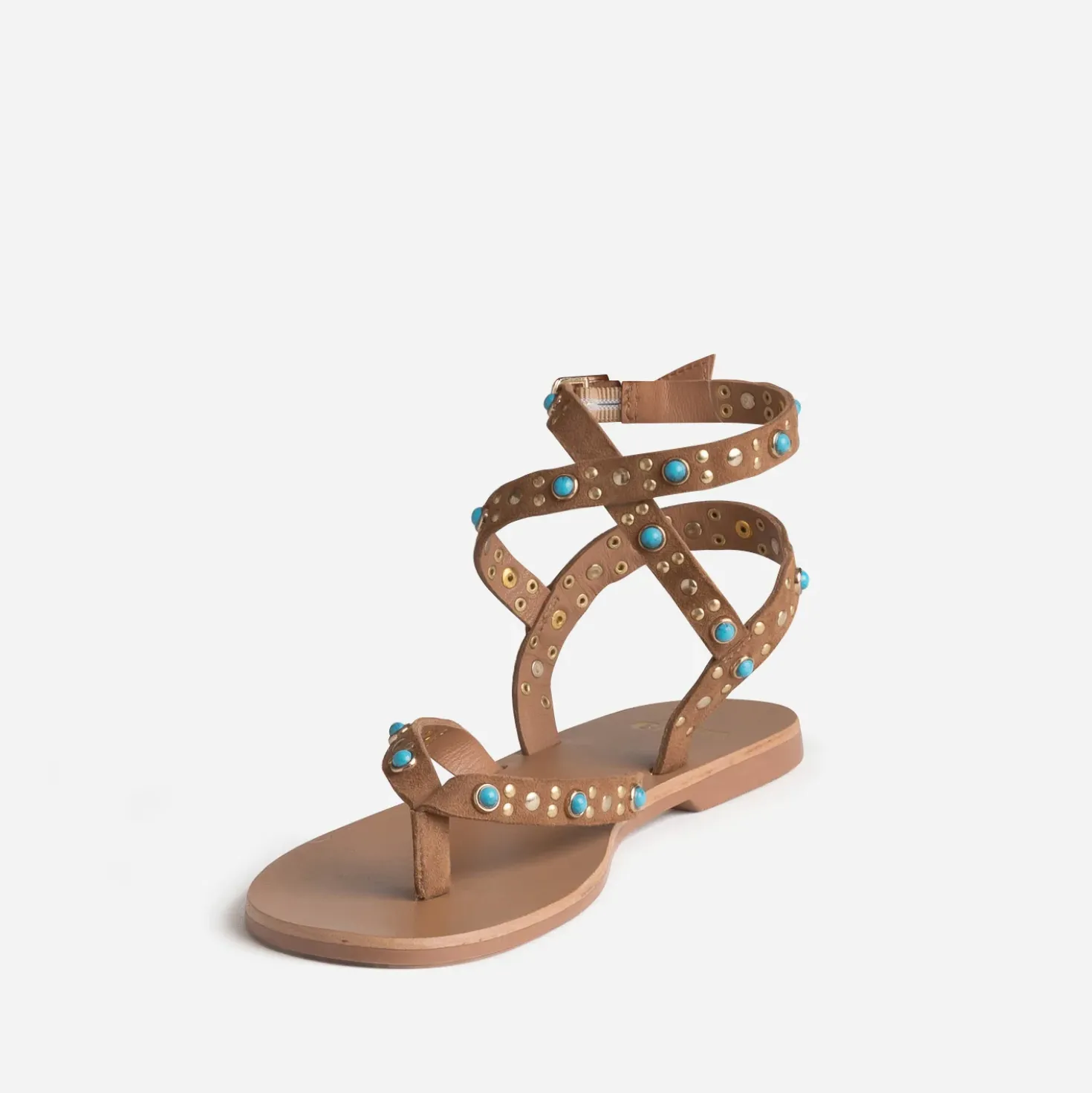 Sandale-tong camel cuir velours décor clous et perles