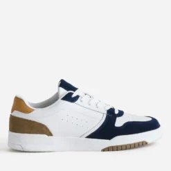 Tennis blanche cuir découpes marine et beige