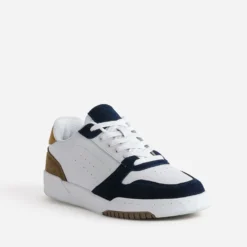 Tennis blanche cuir découpes marine et beige