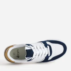 Tennis blanche cuir découpes marine et beige