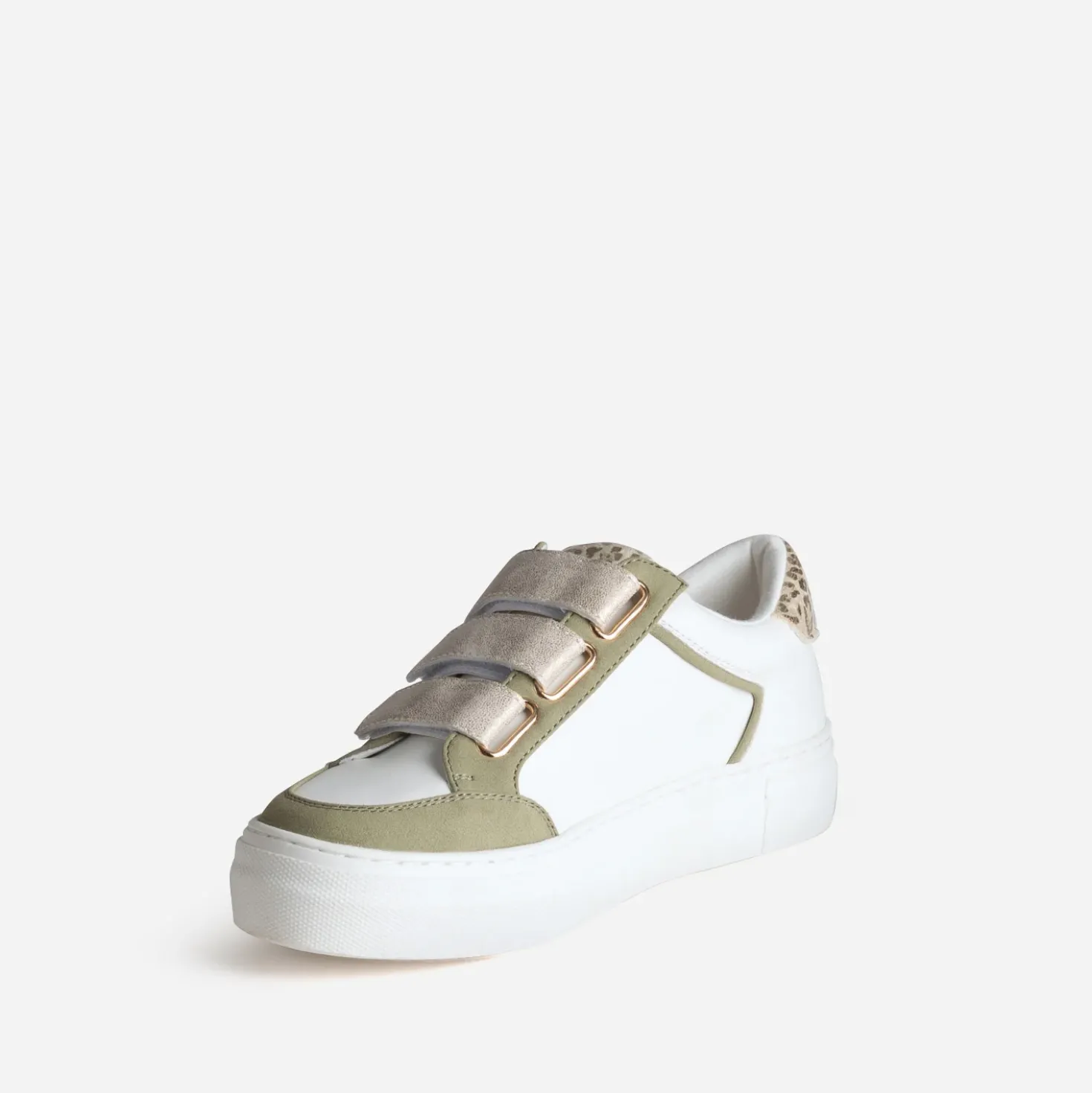 Tennis blanche kaki, dorée et motif léopard