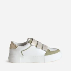 Tennis blanche kaki, dorée et motif léopard
