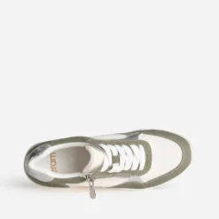 Tennis compensée kaki, blanc, argent métallisé