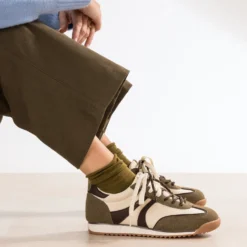 Tennis kaki, écru, marron bi-matière